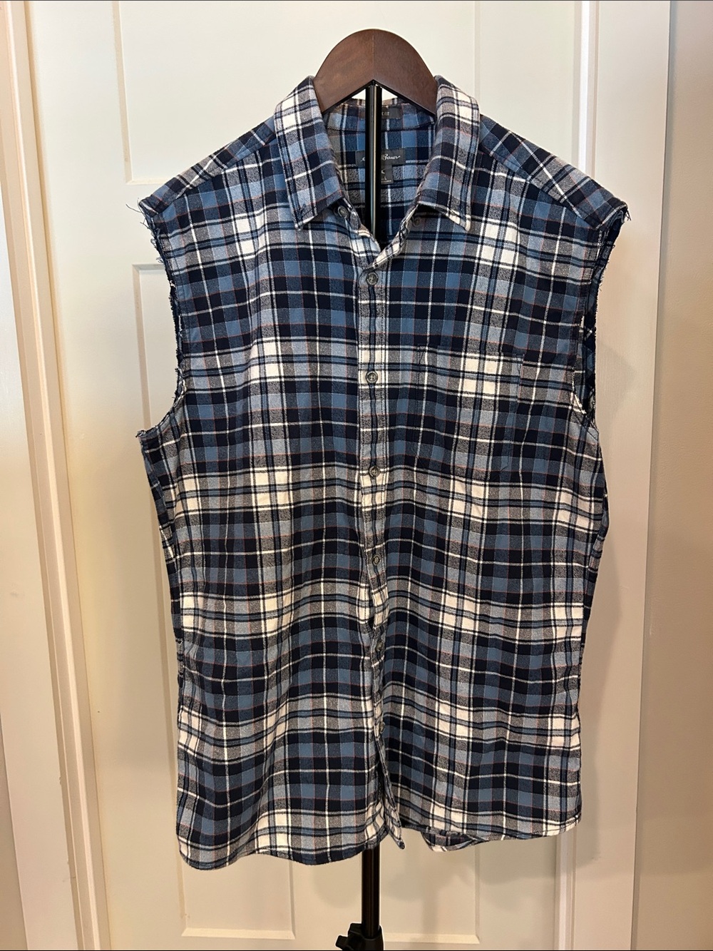 Eddie Bauer Blue and White Plaid Sleeveless Button-Up Shirt